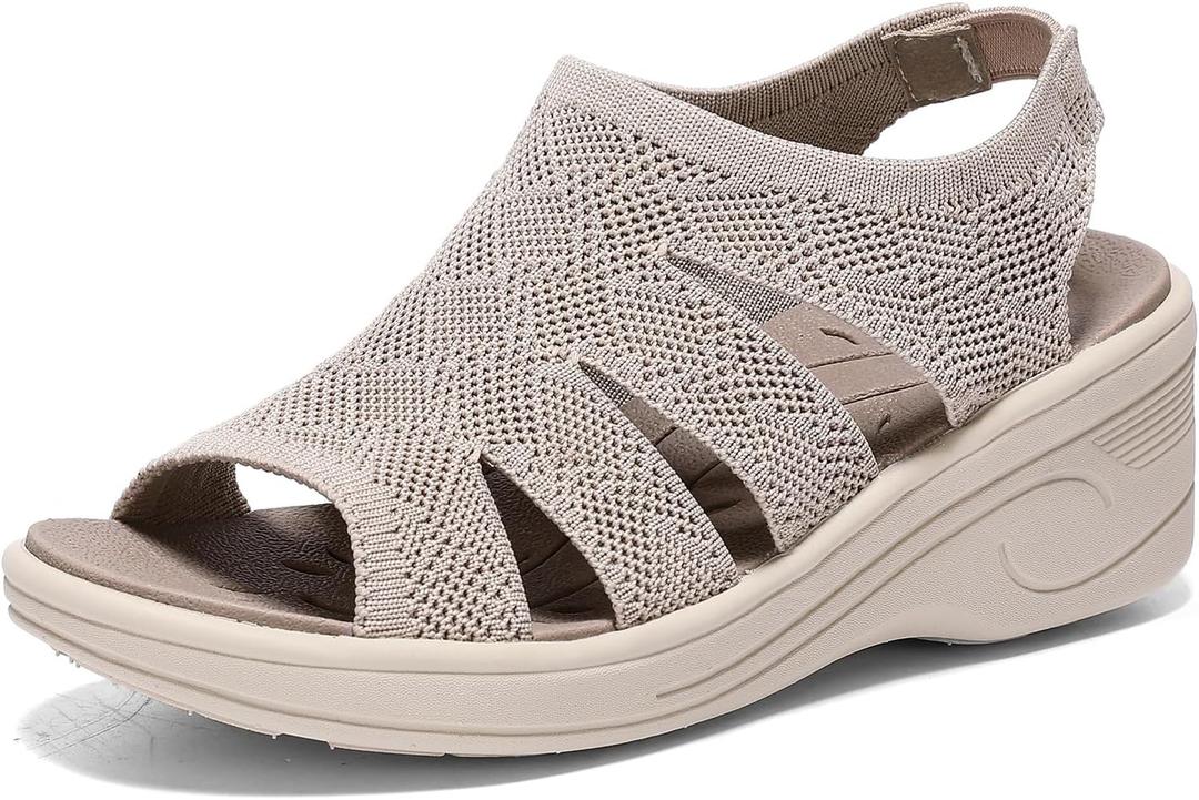 Womens Wedge Sandals Platform Walking Sandals Open Toe Ankle Elastic Strap Casual Comfortable Summer Dressy (8, Beige)