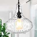 Glass Large Pendant Lights for Kitchen Island Blown Glass Pendant Light Clear Hammered Shade Hanging Ceiling Lights with Black Finish for for Kitchen Island, Sink, Hallway, Living Room 11 inch