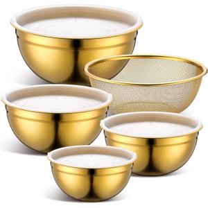 Gold Mixing Bowls with Airtight Lids Stainless Steel Mixing Bowl Set of 5, 4 Metal Nesting Organizers 4 in 1 Colander Non-slip Bottom Size 1.5, 2.0, 2.5, 4.0 Qt for Baking Serving Food