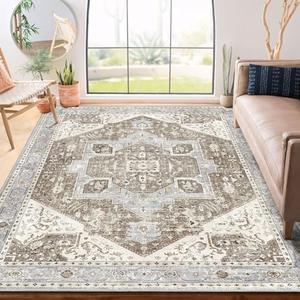 MUJOO Boho Rug 6x9,Washable Rugs for Living Room Bedroom,Large Area Rug,Non Slip Carpet Indoor,Vintage Soft Grey and Beige Floral Rug