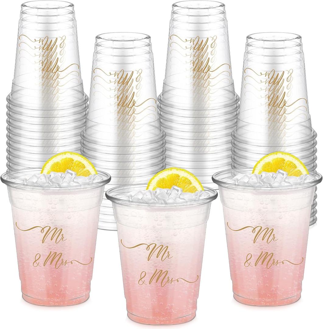 FoldTier 50 Pcs Mr and Mrs Cups 12 oz Plastic Wedding Cups Clear Engagement Disposable Glasses Bridal Shower Drinking Glasses for Home Kitchen Wedding Theme Party Favors Supplies Decoration