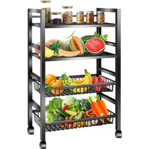 Kitchen Storage Cart, Rolling Snack Cart, 23.6W 4 Tier Fruit Basket Stand, Metal Pantry Storage with Stackable Wire Basket, Black (4Tier2basket)