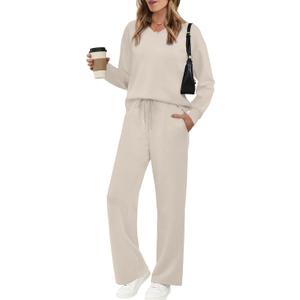 WIHOLL Lounge Sets for Women 2026 V Neck 2 Piece Outfits Airport Wide Leg Pants Matching Set Sweatsuits (X-Small)