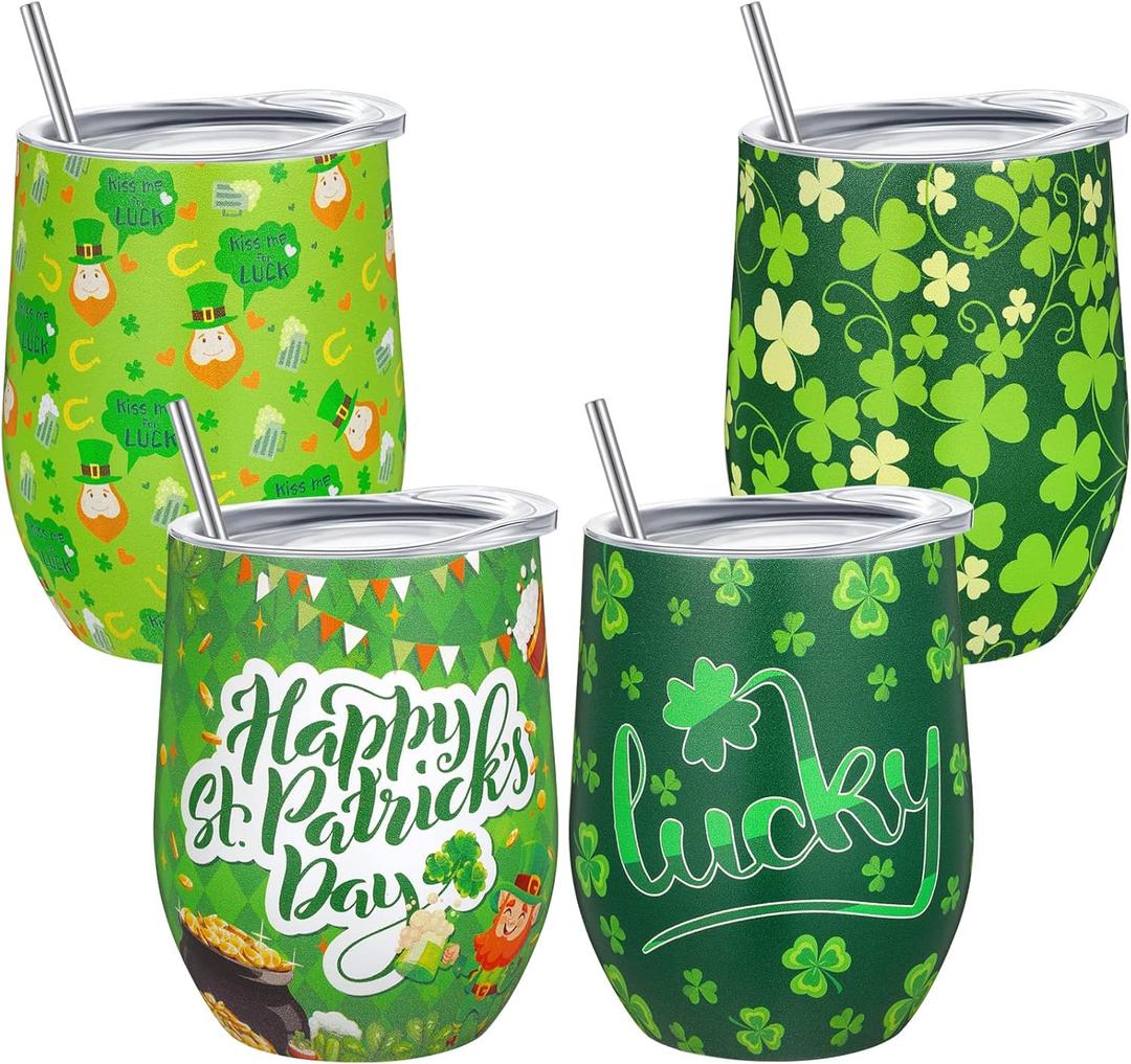 Zopeal 4 Pieces Happy St. Patricks Day Wine Tumblers 12 oz Stainless Steel Shamrock Coffee Mugs Irish Gifts for Women Men St. Patricks Day Cups Wine Tumblers with Straws Lids and Brushes (Shamrock)