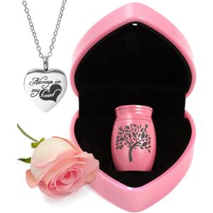 Small Urns for Human Ashes Keepsake - 1.6" Pink Mini Cremation Urn with Necklace Heart Box - Very Feminine Pretty Tiny Funeral Urn - Little Miniature Urn Memorial Gift for Baby Mom Sister Women Female