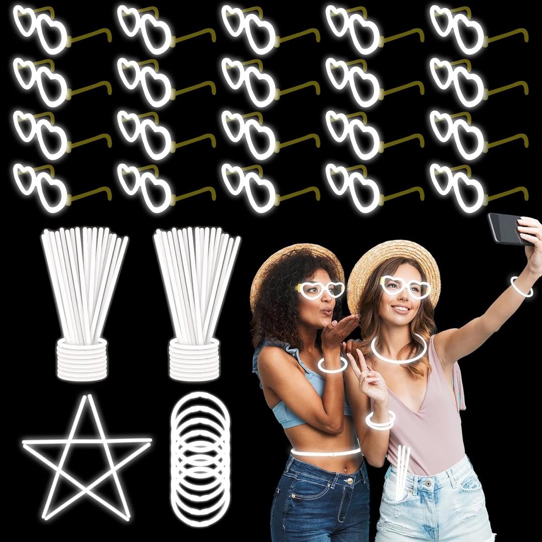 100PCS White Glow Sticks Party Favors with 20PCS Glow Glasses(For 60 Glow Bracelets&20 Heart Glasses),Glow In The Dark Party Supplies Neon Party Decor for Christmas New Year Valentine's Day