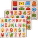 3-Pack Alphabet, Numbers & Shapes Puzzle Wooden for Toddlers 3+ Years Old | ABC & 123 Shape Learning Toys with Board & Blocks | Preschool Education for Girls and Boys, Large
