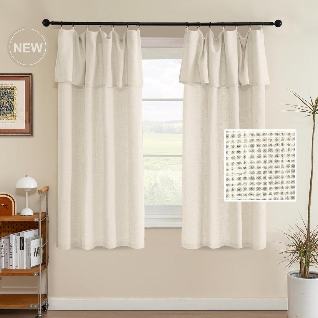 H.VERSAILTEX Linen Curtains with Valance 63 Inch, Boho Window Curtain Light Filtering, Drapes 2 Panels Set for Farmhouse Semi-Sheer Treatments Rod Pocket/Ring Top for Bedroom 52 x 63 Inch, Ivory