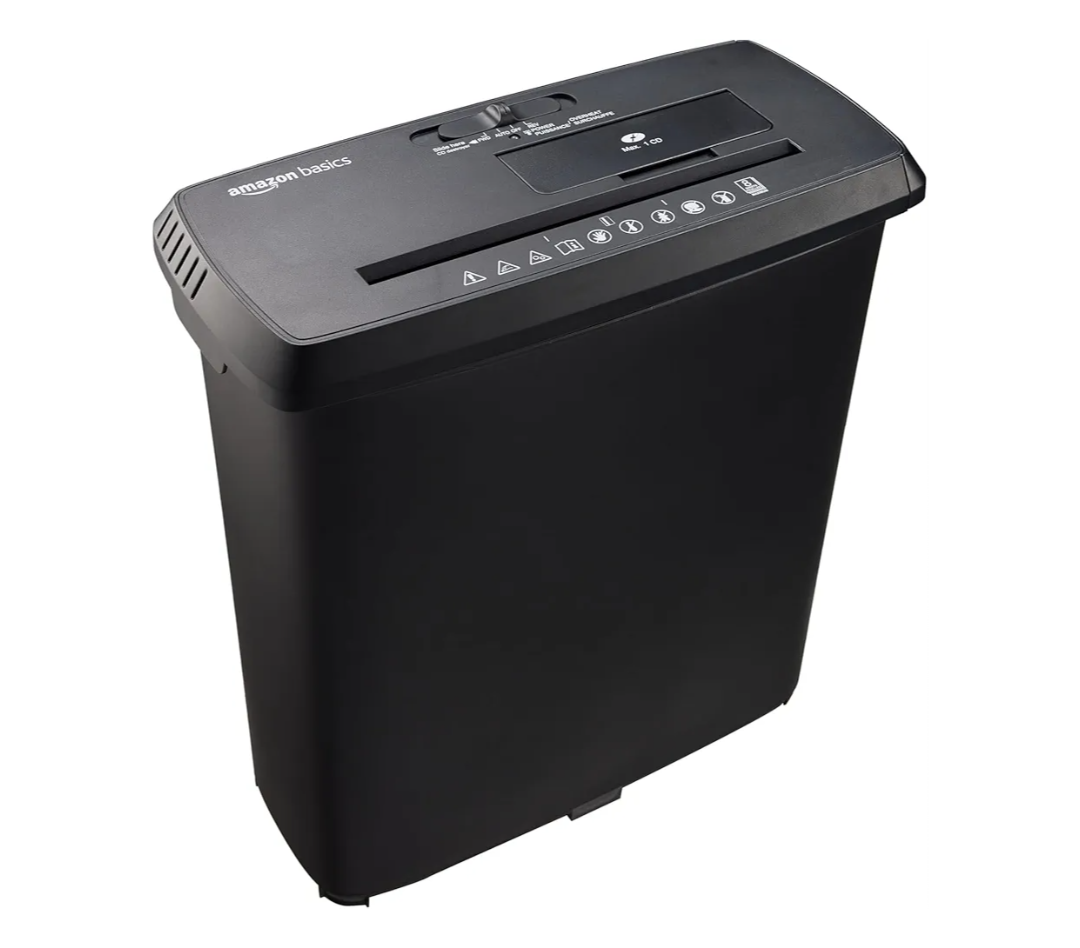 Amazon Basics 8-Sheet Strip Cut Paper Shredder for Home and Office, CD/Credit Card Shredder, 3.4 Gallon Bin, Black