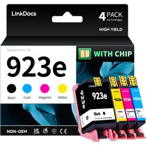 LinkDocs 923e Ink Cartridges Combo Pack (with Chip) Remanufactured Replacement for HP 923xl 923 e Work with OfficeJet Pro 8120 8123 8130 8133 Printer, (Black, Cyan, Magenta, Yellow, 4-Pack)
