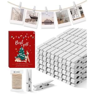 Clothes Pins Mini Clothespins White - 100 PCS Wooden Small Clothespins for Pictures with Jute Twine Tiny Photo Paper Clip, Ideal for Baby Shower, Crafts, Chip Clips, Home Office Decoration