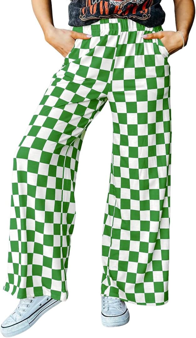 IWOLLENCE Women's Casual Loose Checkered Wide Leg Pants High Waist Straight Lounge Y2K Gingham Trousers Summer (X-Large, Cd-green White)