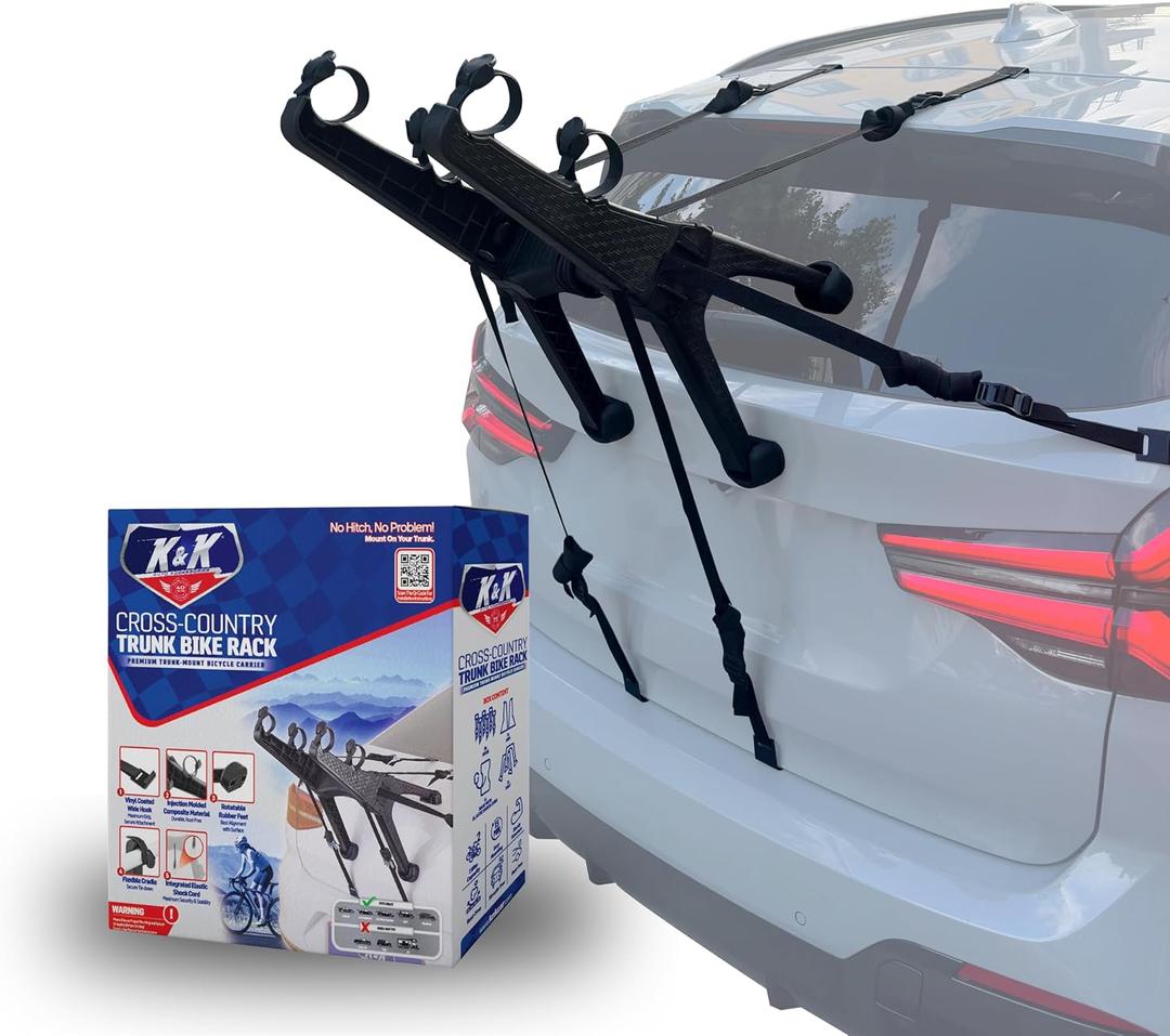 K&K Auto Accessories Compact 2-Bike Trunk Bike Rack Premium Cross-Country Trunk-Mount Bicycle Carrier for Cars, SUV Heavy Duty Rear Bike Transport Tool for Professional Cyclists