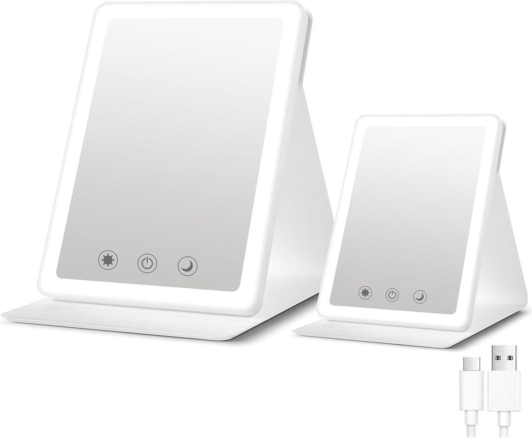 (2 Pack) 2025 Rechargeable Travel Makeup Vanity Mirror with 72 Led Lights,Portable Lighted Beauty Mirror,3 Color Lighting,Dimmable Touch Screen,Tabletop LED Folding Cosmetic Vanity Mirror Desk Table (White Mix 2p)