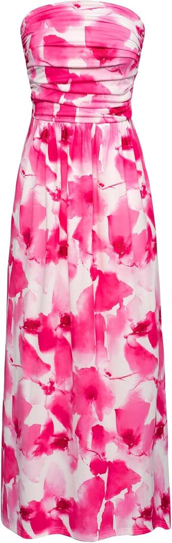 GRACE KARIN Women Strapless Dress Casual Loose Ruched Long Maxi Dress with Pockets (XX-Large, Pink Flower)