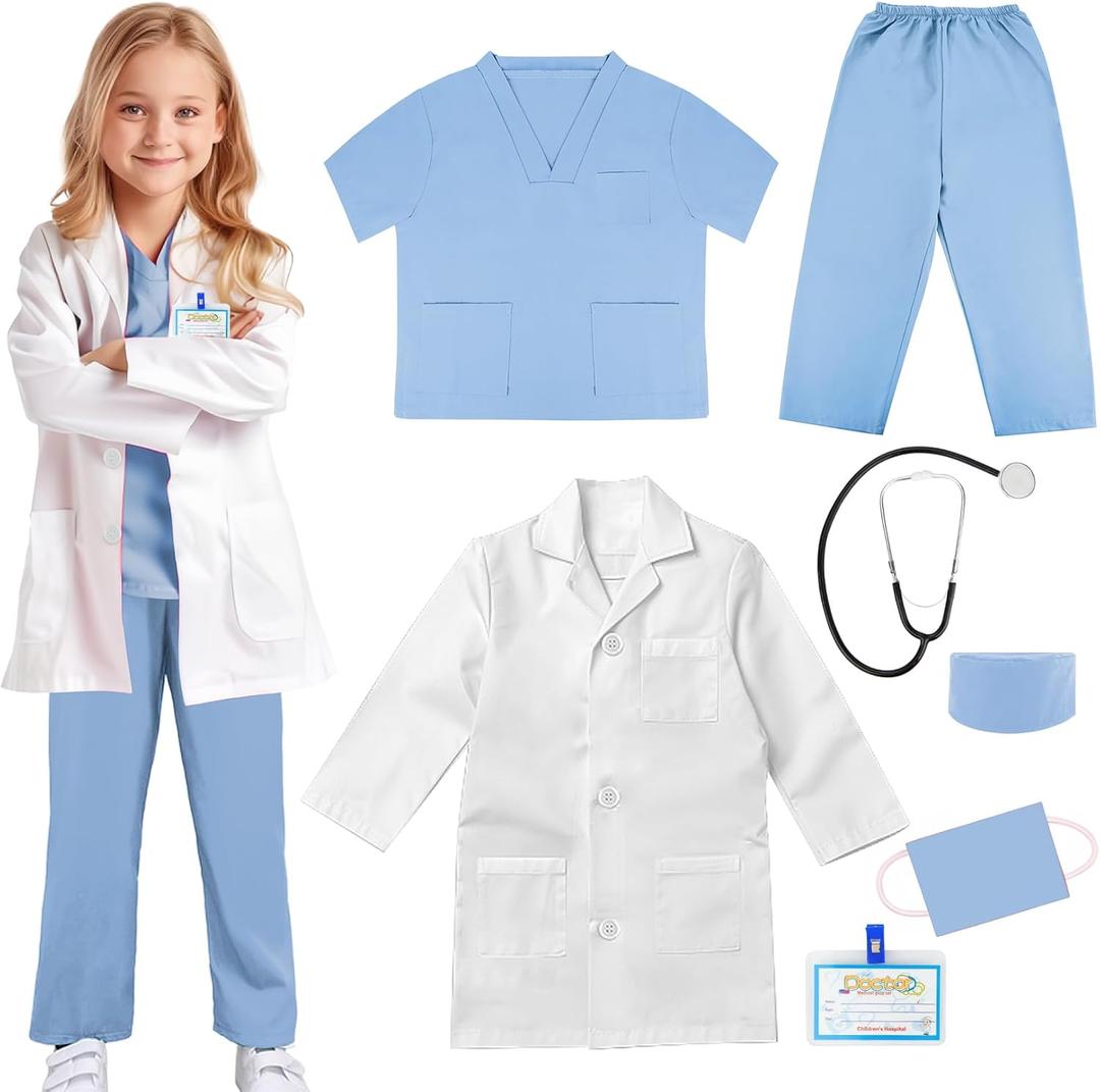 Doctor Scrubs Costume for Kids With Stethoscope Lab Coat Career Day Costume Doctor Dress Up For Boys Girls 3-12 (XL-140/7-8Y, Light Blue)