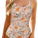 Century Star Tummy Control One Piece Swimsuit for Women Vintage Bathing Suits Ruched Swimwear (Orange Flower)