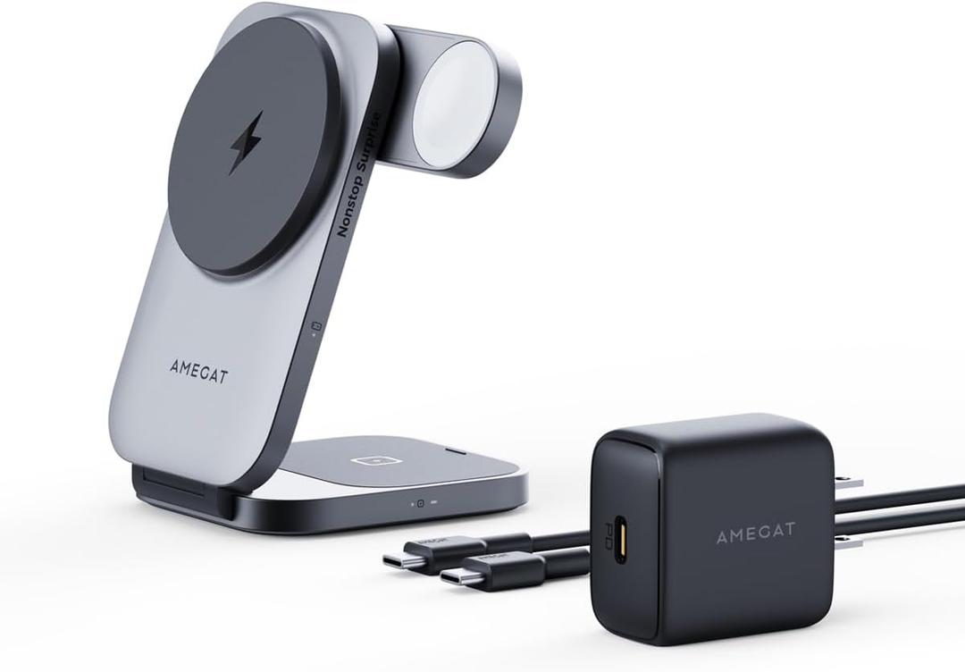 3 in 1 Charging Station, MagFusion Z Foldable Qi2 Certified 15W Wireless Charger Stand Compatible with MagSafe for iPhone 16/15/14/13/12, Apple Watch, AirPods (30W PD Charger Included) (Grey)