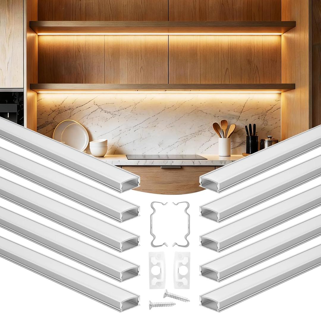 VEVOR 10-Pack 6.6 ft/2M U Shape LED Aluminum Channel with Milky Cover End Caps and Mounting Clips Aluminum Profile for LED Strip Light Installations Easy Installation for Under Cabinet Counter
