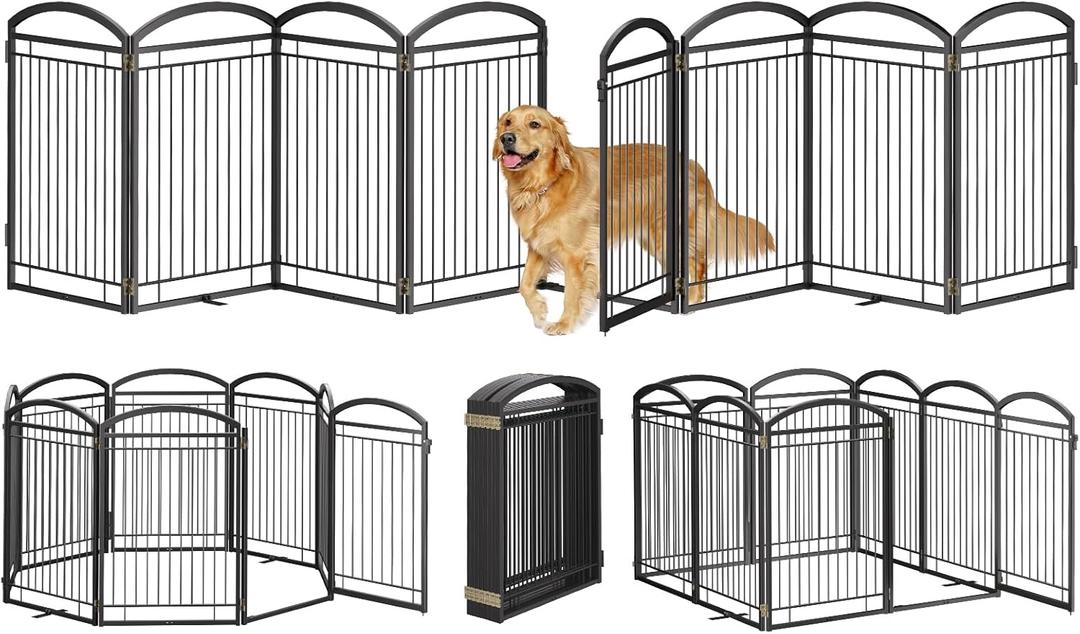 Full Metal Free Standing Dog Gate with Door for Indoor Outdoor,192'' Extra Wide 32'' Tall Dog Gates for Doorways,Large Openings,Decks,Freestanding Portable Pet Fence(8 Panels,Black)