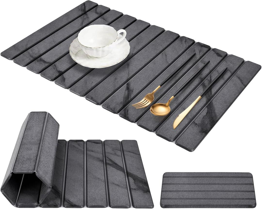 Extra Large Stone Dish Drying Mat for Kitchen Counter, 28"(L)16"(W) Collapsible Quick Drying Dish Mats, Super Absorbent Drying Pad, Kitchen Counter Mats for Dishes, Bottles, Cups, Gray Mable