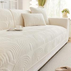 vctops Velvet Plush Couch Sofa Cover Geometric Quilted Sectional Couch Covers Non Slip Fluffy Soft Sofa Slipcover for Dogs, Children, Pets Furniture Protector (Cream,28"x82")