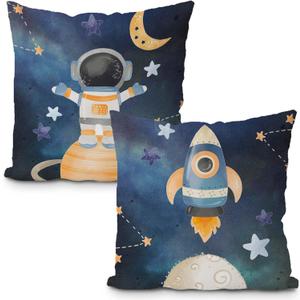 Space Decor for Boys Room,Rocket Pillow Covers 18x18 Set- 2 Galaxy Themed Bedroom Decor,Space Gifts,Universe Galaxy Space Planet Space Pillowcase for Sofa Bed,Galaxy Themed Decorations(Blue)