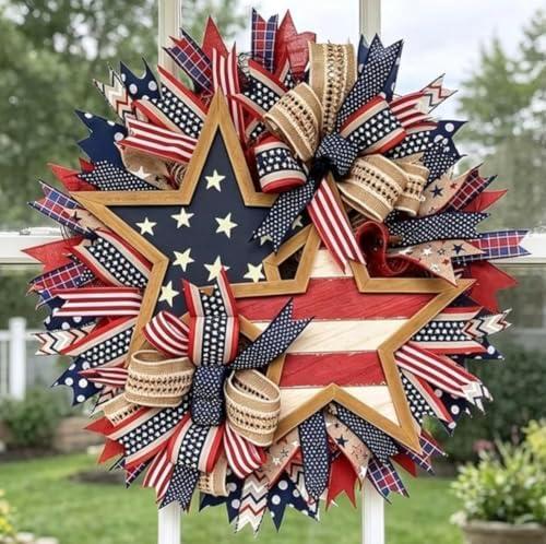 250th Anniversary Patriotic Star Flat Wreath, 15.7'' Red White and Blue Wreath All-Weather Farmhouse Outdoor Holiday Decoration, Memorial Wreath for Front Door, 4th of July Garland for Home Wall Porch