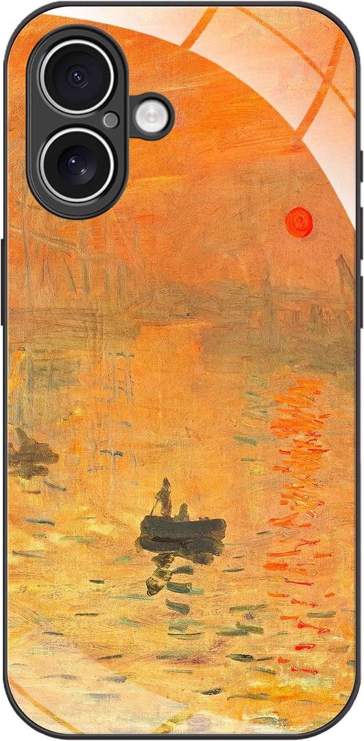 Compatible with iPhone 17 Colorful Design Phone Case, Monet Impression Sunrise Oil Painting Case, Black Silicone Glass Protective Cover
