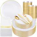 Festiva 350Pcs Gold Plastic Plates - White and Gold Dinnerware Set Disposable include 10" & 7" Plates,Cups,Silverware,Napkins -serve 50 Guests Perfect for Wedding& Easter&Birthday Party