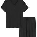 Women's Bamboo Viscose Bermuda Shorts Pajama Set Black and Blue XL 