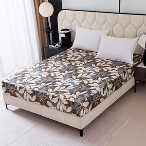 Bedding Fitted Sheet with Deep Pocket,Leaf Designs Printed Thicken Fabric Bed Sheets (Gray Leafs, Queen)