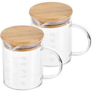 PATIKIL 250ml Glass Measuring Cup, 2 Pack 3.3 Borosilicate Glass Graduated White Printed Scale Liquid Measure Cups Beaker with Wood Lid and V-Shaped Spout for Kitchen