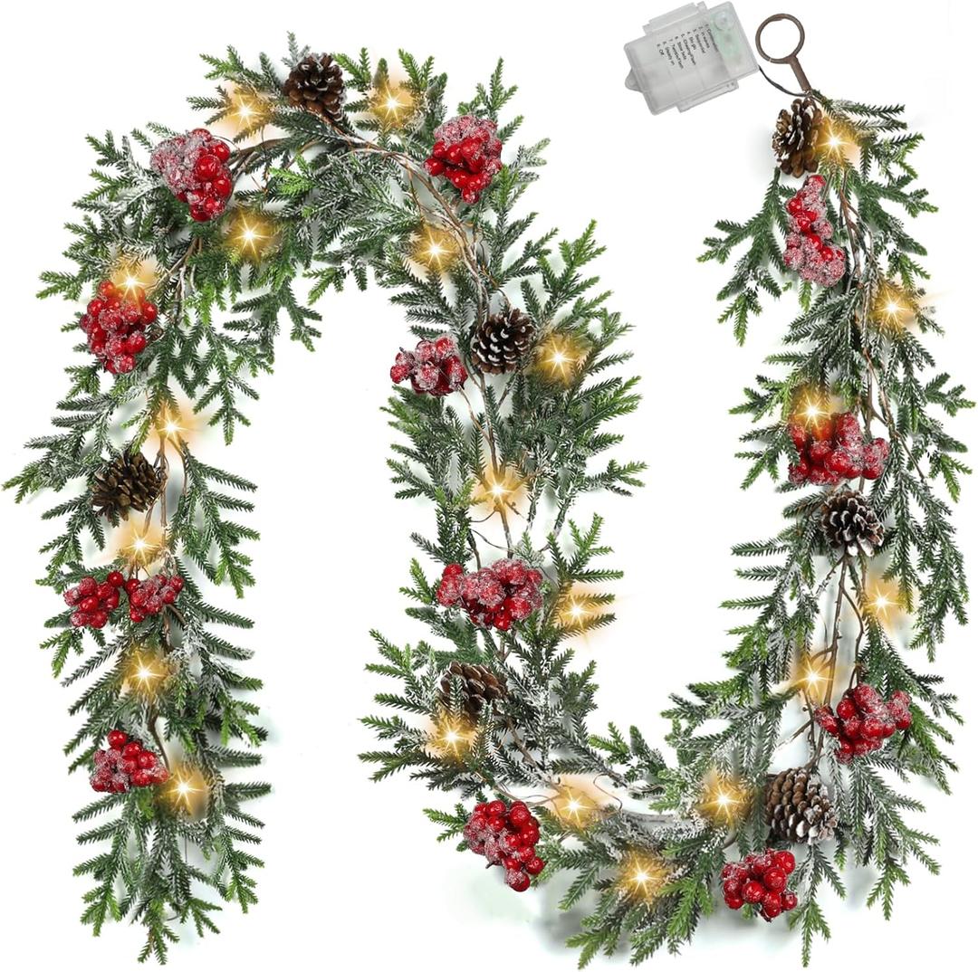 6FT Christmas Garland with Lights, Christmas Decor Pre-lit Artificial Pine Garland with Battery Operated Timer, Decorations Indoor Outdoor Home Holiday Flocked Garland for Mantel Window Stairs Wall (Style 1)