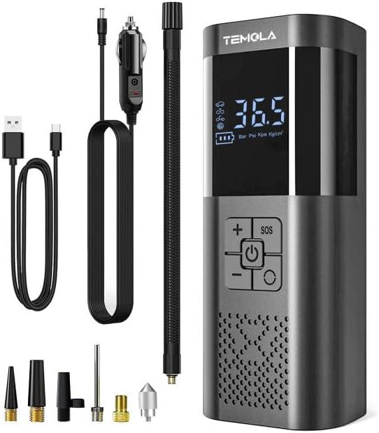 TEMOLA Tire Inflator Portable Air Compressor, Rechargeable Cordless Tire Inflator with Pressure Gauge, 12V DC Mini Air Tire Pump