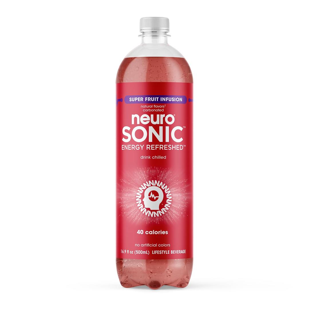 neuroSONIC | Superfruit Infusion | Functional Beverage for Focused Energy, Lightly Carbonated, Vegan & Low Sugar; 16.9 Fl Oz (Pack of 2, BB: 02/26/26)
