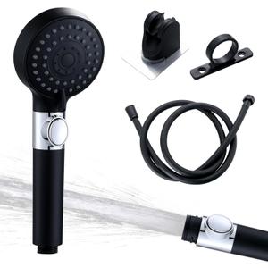 RV Shower Head with On/Off Switch and Hose. High-Pressure Handheld 5-Spray Mode Replacement Set for Campers, Outdoor, Travel Trailer, Motorhome. Adhesive Shower Holder and Hose Guide Ring, Black