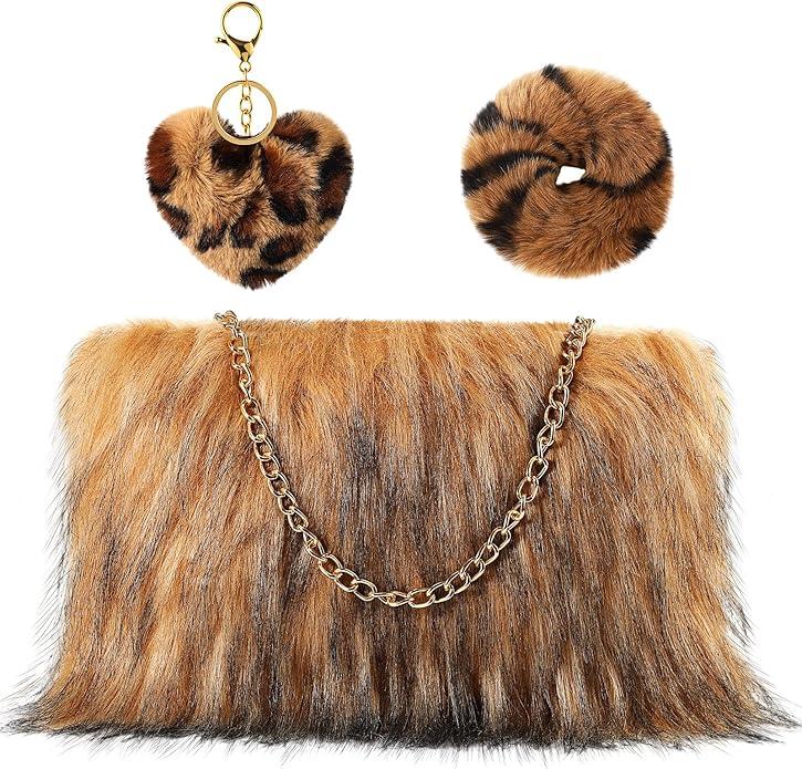 3 Pcs Faux Fur Handbag for Women Set Fuzzy Hair Tie Pom Heart Keychain Leopard Accessories