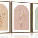 KISSFOX 3 Piece Framed Wall Art Botanical Wall Decor Floral Pictures Wildflower Canvas Art Pink Green Yellow Paintings Minimalist Boho Artwork For Girly Room Bedroom Apartment Living Room, 16x24 In Natural Framed