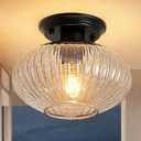 Semi Flush Mount Ceiling Light, Black Vintage Kitchen Ceiling Lights, Amber Striped Glass Close to Ceiling Light Fixtures for Living Room, Hallway, Bedroom