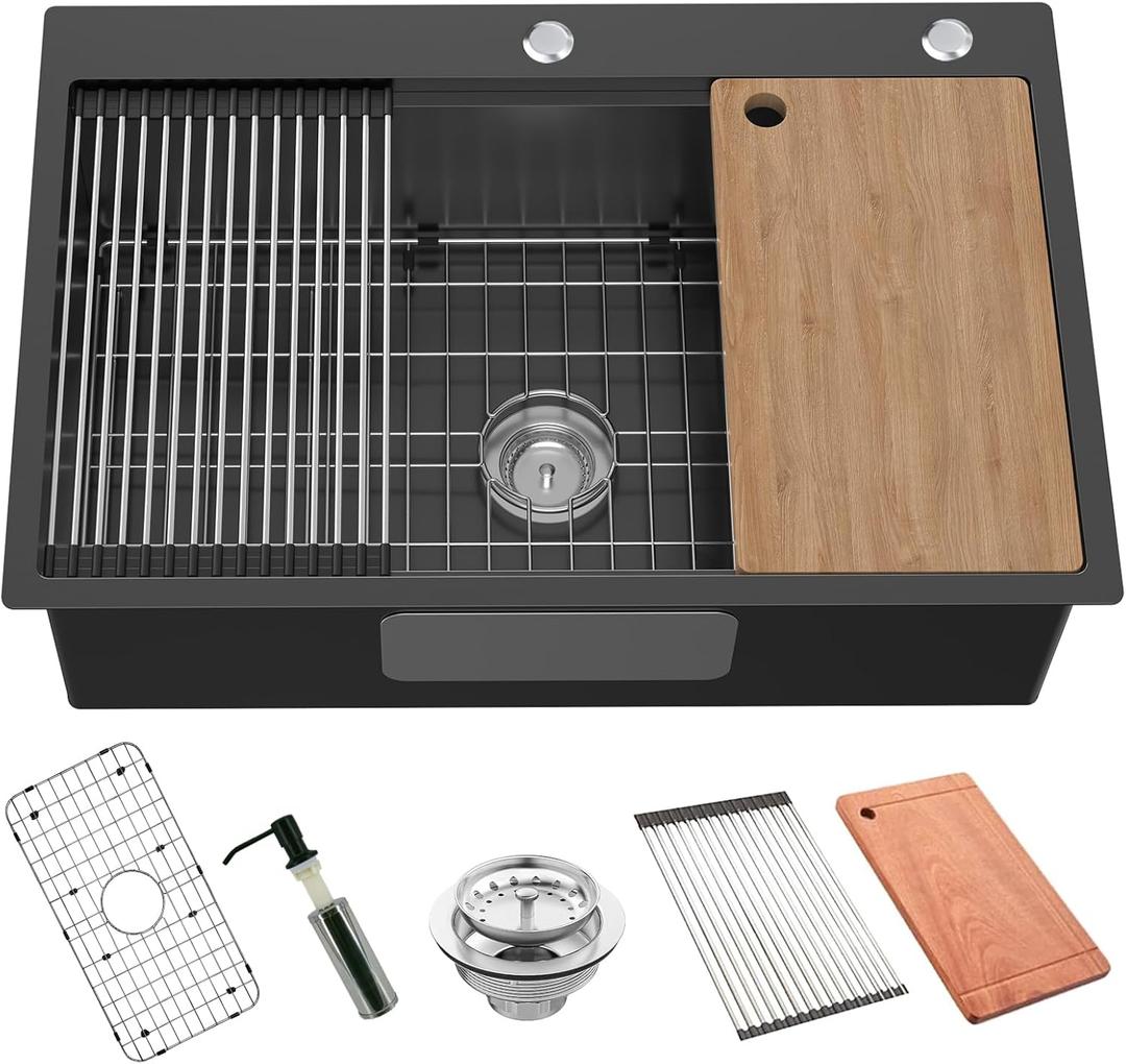 Black Kitchen Sink Workstation, 33x22 Inch Stainless Steel Drop In Kitchen Sink Modern Large Single Bowl Kitchen Sink Gift Combo-SS Grid,Drying Rack,Cutting Board,Soap Dispenser, Drain Strainer Set
