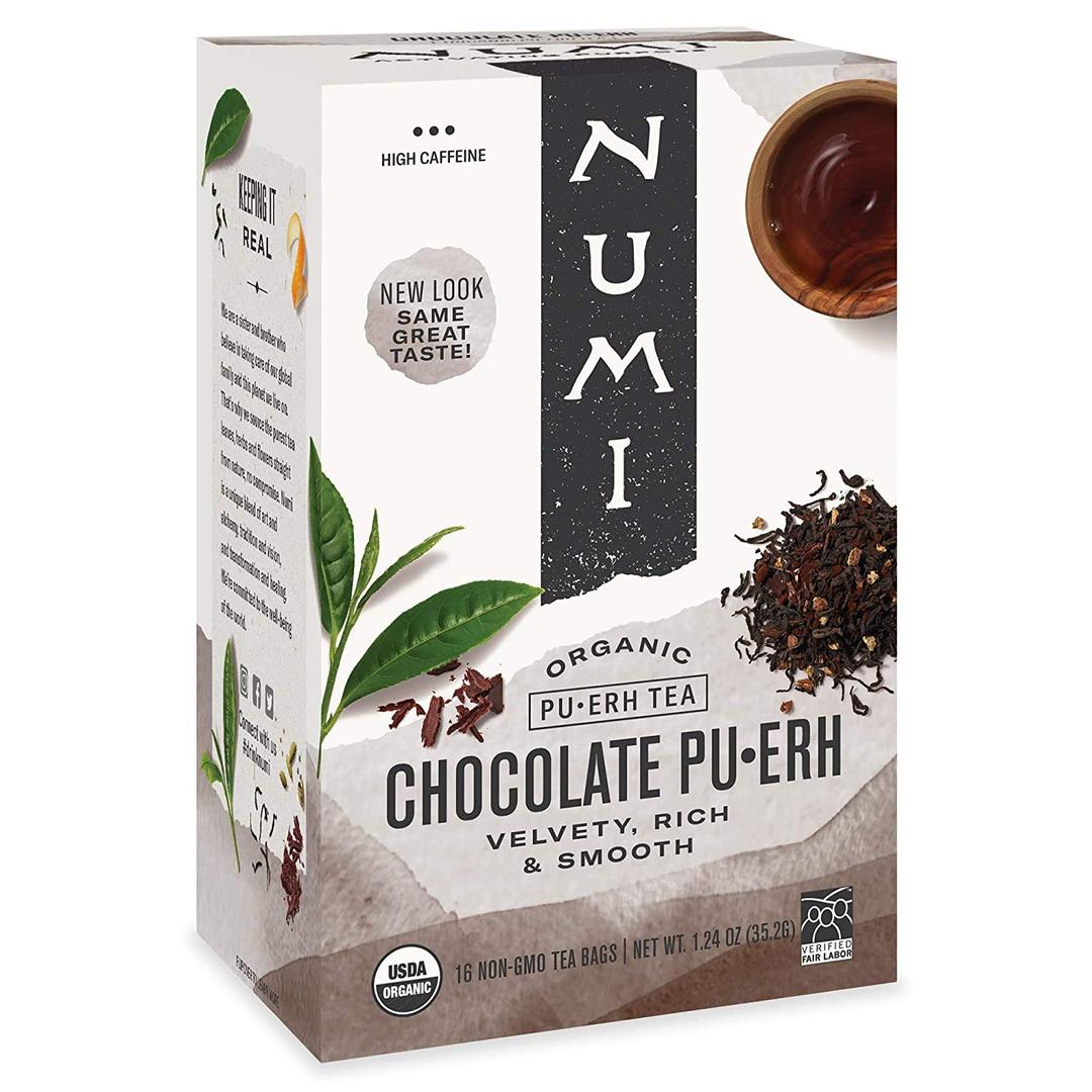 Numi Organic Chocolate Pu-erh Tea, 48 Dark Tea Bags with a Smooth Rich and Velvety Flavor, Best By: 03/27/2028