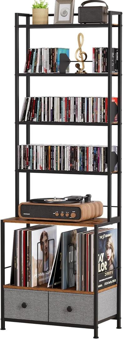 DVD Storage Vinyl Record Storage Rack, 6-Tier CD Rack Tower with Drawers for CDs, DVDs, Albums, Books & Games, Vinyl Record Holder & DVD Shelf Organizer for Living Room & Home Office, 20.8x11.8x63Inch