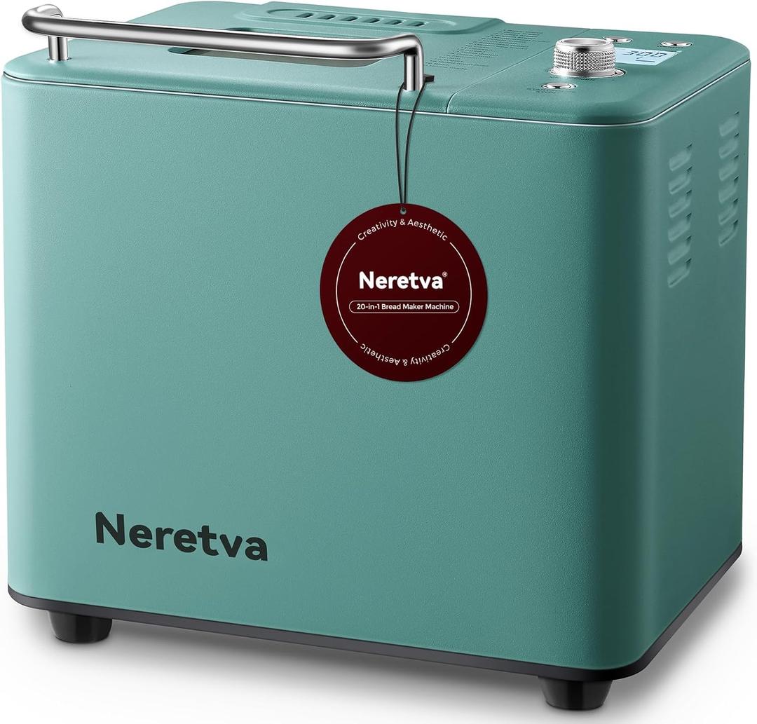 Neretva 20-IN-1 Bread Maker, Dual Heater 2LB Bread Machine Stainless Steel Bread Maker Machine Nonstick Ceramic Pan Compact for Gluten Free/Sourdough/Whole Wheat Bread/Yogurt, Breadmaker Recipe-Green (Green)