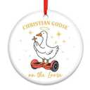 Funny Christian Goose Ceramic Ornament – “On The Loose” Cute Holiday Tree Decoration, Religious Meme Gift for Goose Lovers