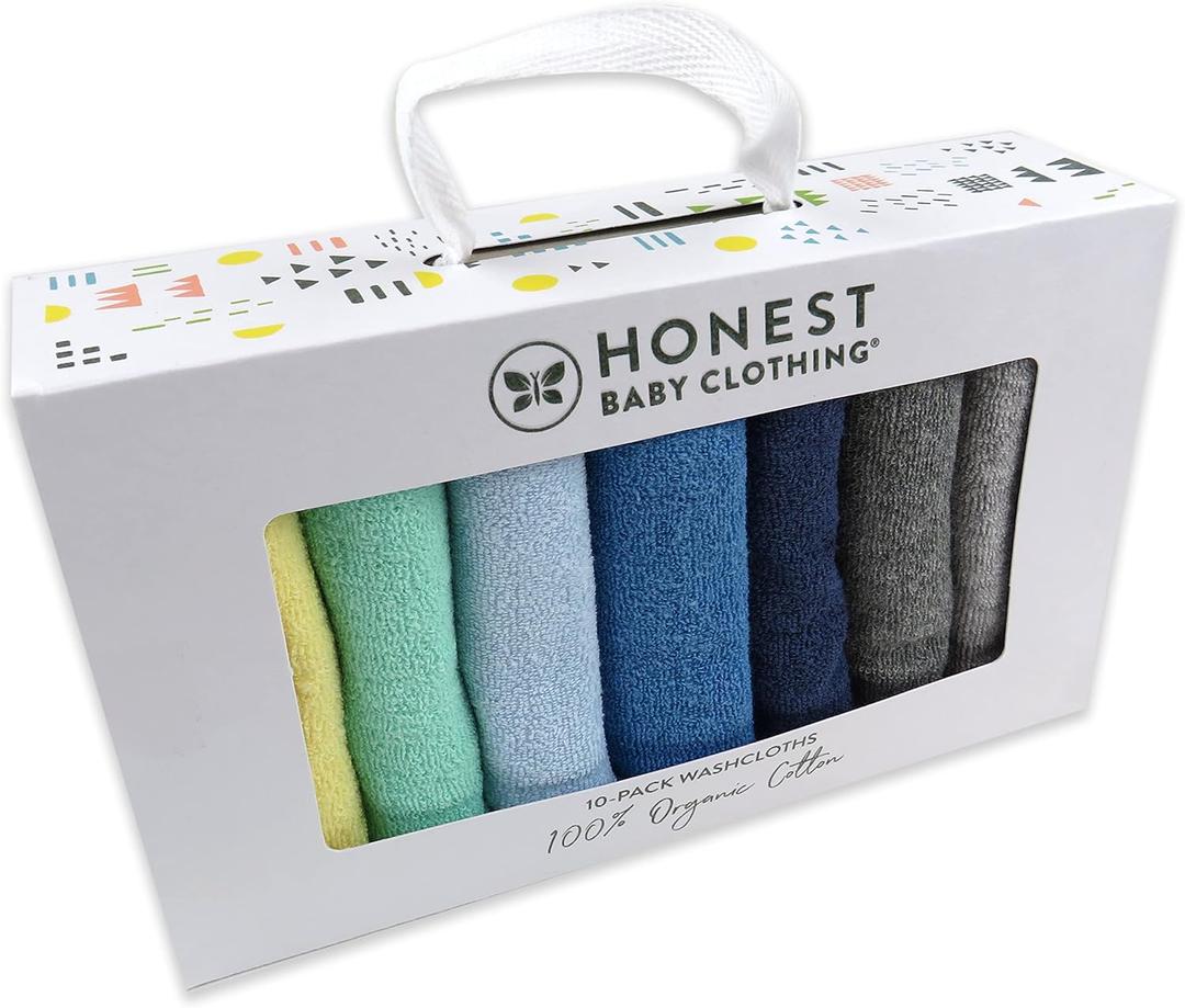 HonestBaby 10-Pack Terry Wash Cloths in Gift Box 100% Organic Cotton for Infant Baby Boys, Girls, 10-Pack Rainbow Blues, One Size