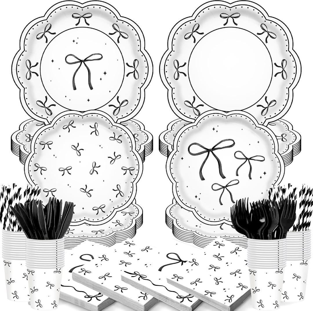 168PCS Black White Bow Birthday Party Decorations Paper Plates Napkins Cups Forks Knifes Tableware Set Bowknot Themed Supplies Bachelorette Wedding Bridal Shower Decor Serve 24 Guests
