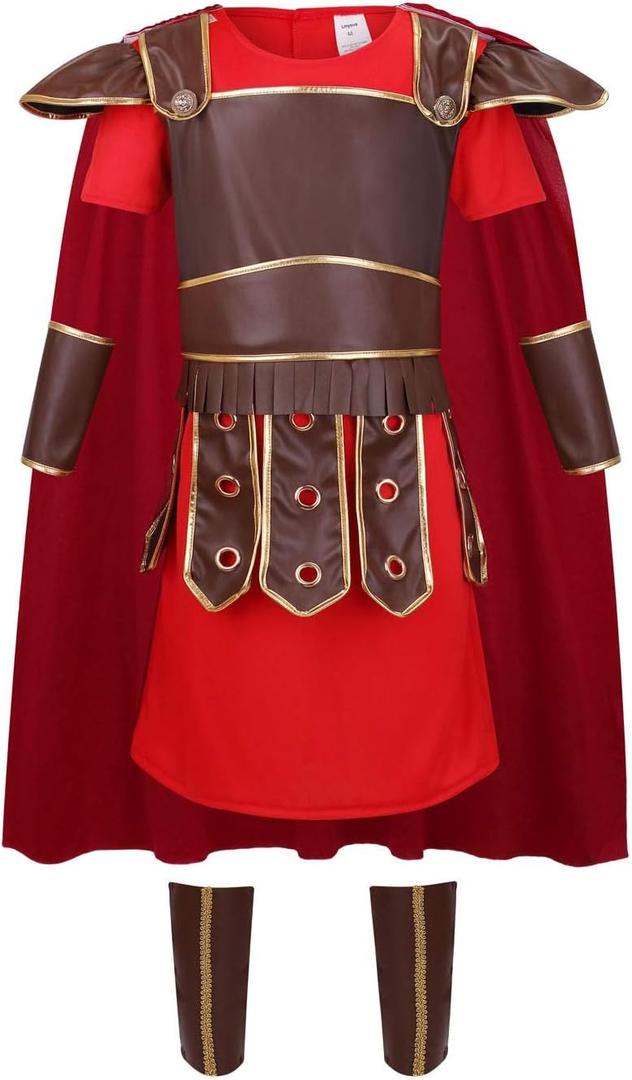 LMYOVE Kids Warrior Costume, Halloween Boys Roman Soldier Gladiator Viking Medieval Historical Role Playing Party (8-9Y, Brown)