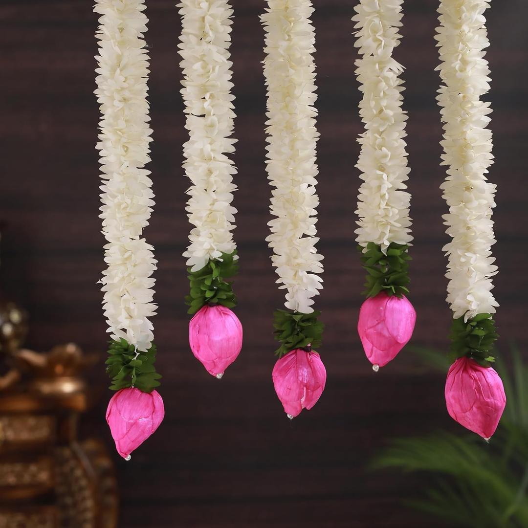 Set of 5 Artificial Jasmine Garland Toran with Lotus Buds, 13 Inch Strings Jasmine Garland Toran with Lotus Buds for Pooja Decoration Wall Hanging for Ganesh Chaturthi, Diwali & Festive Decor