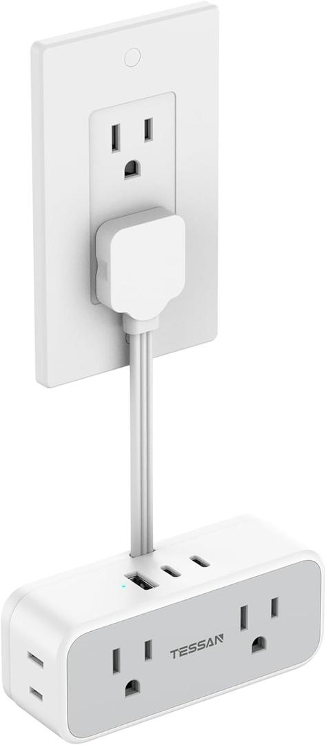 Short Extension Cord 6 inch, TESSAN Flat Plug Power Strip with 4 AC Outlets 3 USB (2 USB C) Ports, Small Charging Station for Cruise Ship Travel, Desk Organizers for Home Office Dorm Room Essentials (Grey)